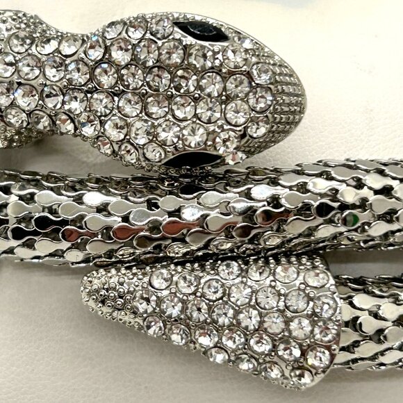 Silver Snake Memory Wire Bracelet Clear Rhinestones & Black Eyes Adjustable - Picture 9 of 11